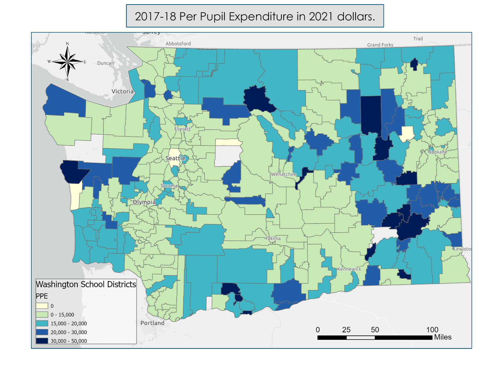 Map of Per Pupil K-12 Expendature WA State